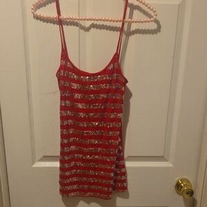 Red and Silver Striped Women's Top